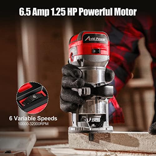 AVID POWER 6.5 Amp 1.25 HP Compact Router Tools for Woodworking, Fixed Base Wood Router with Trim Router Bits, 6 Variable Speeds, Edge Guide, Roller Guide and Dust Hood - Image 2