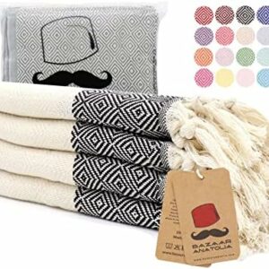 Bazaar Anatolia Turkish Hand Towels Set of 4 Diamond Bath Towel 100% Cotton 38x18 Boho Farmhouse Decor Quick Dry Hand Hair Gym Face Bath Tea Kitchen Dishcloth Set Decorative Bathroom Towel (Black)