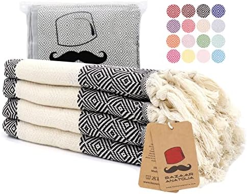 Bazaar Anatolia Turkish Hand Towels Set of 4 Diamond Bath Towel 100% Cotton 38x18 Boho Farmhouse Decor Quick Dry Hand Hair Gym Face Bath Tea Kitchen Dishcloth Set Decorative Bathroom Towel (Black)