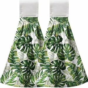 Kwlegh Palm Leaves Hanging Kitchen Towels Set of 2 Tropical Green Hand Tie Towels Monstera Print Hand Towels Hawaiian Soft Absorbent Kitchen Towels with Hanging Loop for Bathroom Kitchen 12x17 Inch