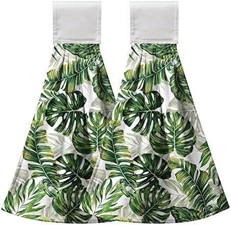 Kwlegh Palm Leaves Hanging Kitchen Towels Set of 2 Tropical Green Hand Tie Towels Monstera Print Hand Towels Hawaiian Soft Absorbent Kitchen Towels with Hanging Loop for Bathroom Kitchen 12x17 Inch