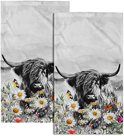 Giwawa Farm Cow Hand Towels Scottish Bull Soft Thin Bath Towel Set of 2 Cotton Luxury Kitchen Washcloths for Bathroom Home Gym Hotel Sport