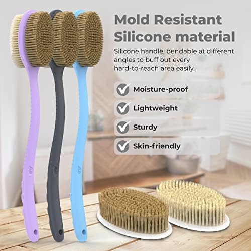 Avilana Shower Body Brush with Long Curved Handle, Long Silicone Handle Back Scrubber with Dual-Sided Long Handle Bath Shower Brush with Soft and Stiff Bristles (Long Handle-Gray) - Image 3