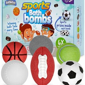 Bathletes 6pc Sporty Kids Bath Bombs Kit with Surprise Inside - Girls & Boys Bath Toys w/ 6 Sports Prizes - Perfect for Birthdays -Toddlers 3+