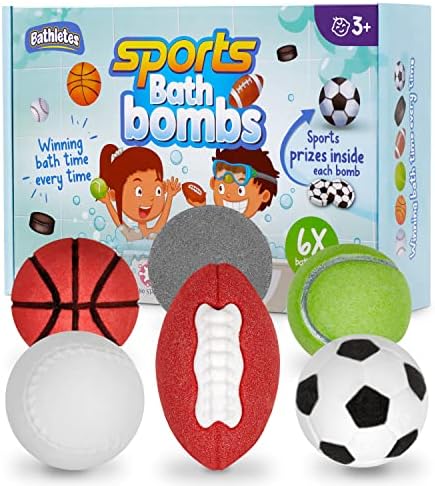 Bathletes 6pc Sporty Kids Bath Bombs Kit with Surprise Inside - Girls & Boys Bath Toys w/ 6 Sports Prizes - Perfect for Birthdays -Toddlers 3+
