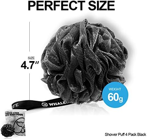 Shower Puff 4 Pack Black Bath Sponge Shower Loofahs Pouf Ball Nature Bamboo Charcoal Mesh Bulk Puffs Large, Shower Essential Skin Care by WhaleLife - Image 7