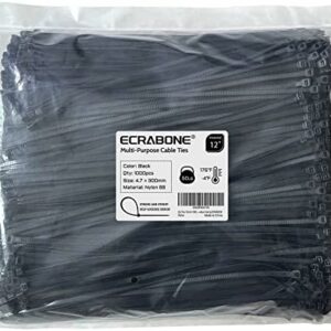 Zip Ties 12inch 1000 Pack, Black Cable Zip Ties 50 Pounds Tensile Strength Nylon Self-Locking Wire Ties Wraps for Outdoor and Indoor Use by ECRABONE