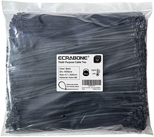 Zip Ties 12inch 1000 Pack, Black Cable Zip Ties 50 Pounds Tensile Strength Nylon Self-Locking Wire Ties Wraps for Outdoor and Indoor Use by ECRABONE