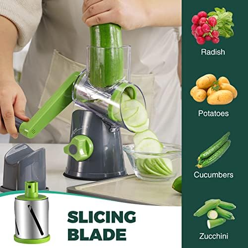 Cheese Grater with Handle, Kitchen Manual Cheese Shredder with 3 Interchangeable Blades, Rotary Cheese Grater Handheld with Strong Suction Base, Vegetable Slicer Nuts Grinder with Clean Brush - Image 5