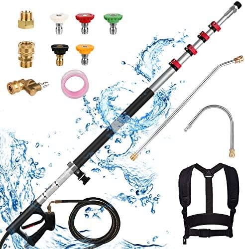 24 FT Pressure Washer Extension Wand, Extension Pole for Pressure Washer with Gutter Extension, and 5 Spray Nozzle Tips for Roof Fence Window Washing Gutter Cleaner