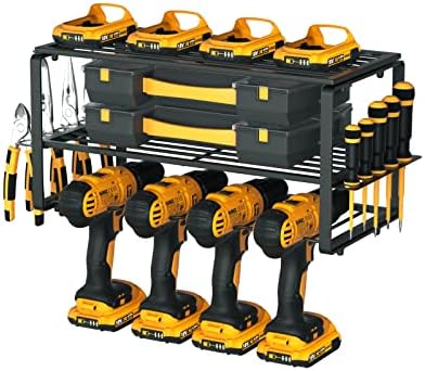 FUHUIM Power Tool Organizer, Drill Holder Wall Mount, Cordless Drill Storage Rack, Heavy Duty Metal Drill Charging Station, Floating Tool Shelf for Power Tools, Cordless Drill Storage