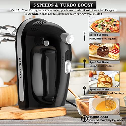 BAIGELONG Hand Electric Mixer, 300W Ultra Power Food Kitchen Mixer with 5 Self-Control Speeds + Turbo Boost, 5 Stainless Steel Attachments Handheld Mixer for Baking, Black - Image 2