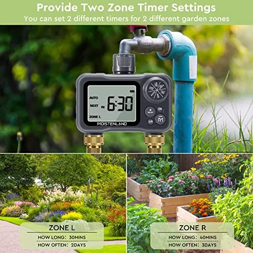 Moistenland Hose Timer, Irrigation Timer, Lawn & Garden Watering Equipment, with Rain Delay/Manual/Automatic Watering System, IP54 Waterproof, 3.1 Inches Large Screen(2 Outlets) - Image 3
