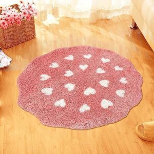 Bath Rug Mat, Cute Flower Shaped Bathroom Mat with Small Love Heart, Non Slip Water Absorbent Bathtub Mat, Machine Washable Soft Superfine Fiber Decor Mat for Bedroom Kitchen Shower 27.6 Inch (Pink)