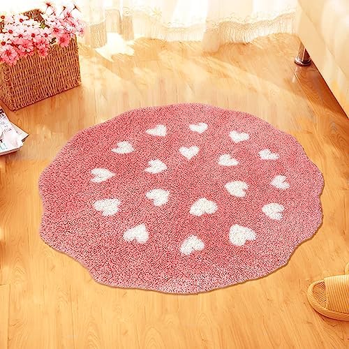 Bath Rug Mat, Cute Flower Shaped Bathroom Mat with Small Love Heart, Non Slip Water Absorbent Bathtub Mat, Machine Washable Soft Superfine Fiber Decor Mat for Bedroom Kitchen Shower 27.6 Inch (Pink)