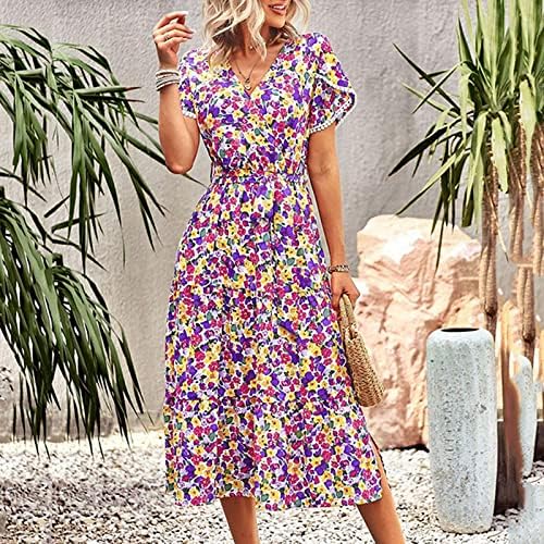 HUMMHUANJ Summer Dresses 2023,Women's Solid Color Dress Casual Printed Short Sleeve Ruffle Waist Long Dress Boho Swing Dress - Image 3