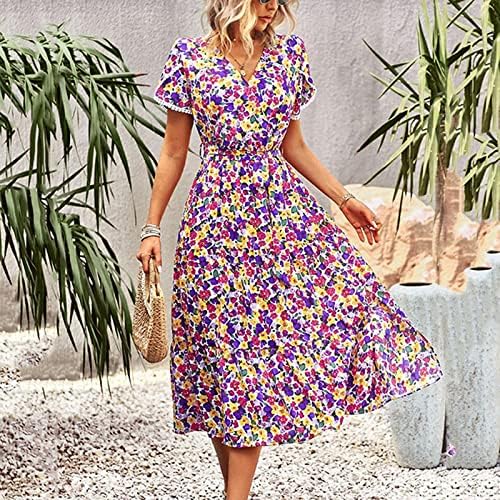 HUMMHUANJ Summer Dresses 2023,Women's Solid Color Dress Casual Printed Short Sleeve Ruffle Waist Long Dress Boho Swing Dress - Image 2