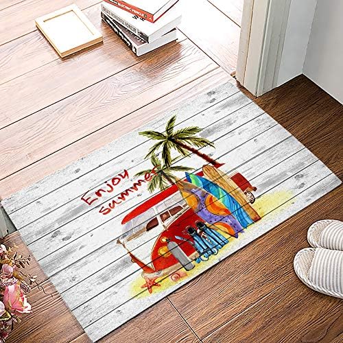 Summer Red Bus Surfboard and Coconut Tree on Wood Bath Mats Non-Slip Absorbent Soft Plush Doormat Decor Bathroom Rugs for Kitchen Bedroom Floor Mat 24" X 16"