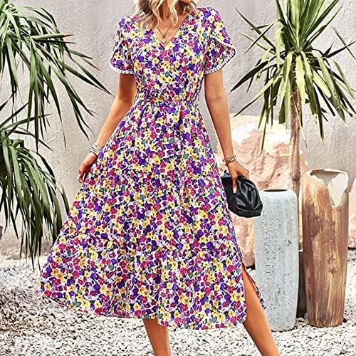 HUMMHUANJ Summer Dresses 2023,Women's Solid Color Dress Casual Printed Short Sleeve Ruffle Waist Long Dress Boho Swing Dress - Image 4
