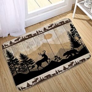 Rustic Wildlife Bear Deer Moose Vintage Wooden Plank Farmhouse Cabin Forest Hunting Bath Mats Non-Slip Absorbent Soft Plush Doormat Decor Bathroom Rugs for Kitchen Bedroom Floor Mat 24" X 16"