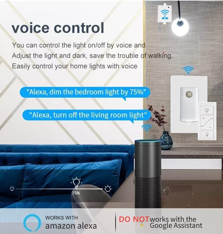 Nexete Smart Wireless Light Switch and Receiver Kit,Brightness Adjustable,100ft RF Range No Wiring Mini Remote Control with Wall Plate,Voice Control,Bluetooth Work with Amazon Alexa (2 Wall Switches) - Image 5