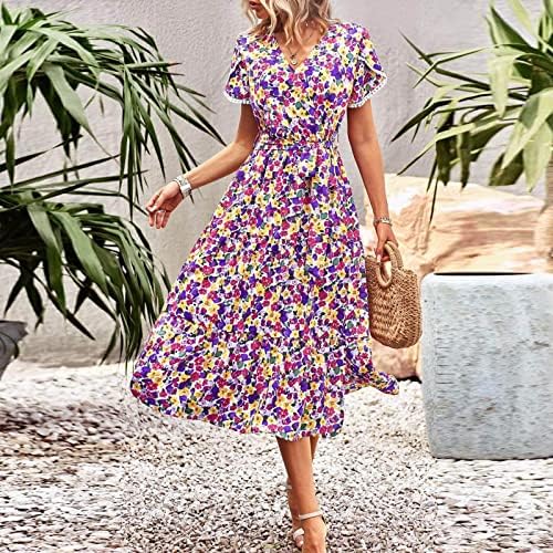 HUMMHUANJ Summer Dresses 2023,Women's Solid Color Dress Casual Printed Short Sleeve Ruffle Waist Long Dress Boho Swing Dress - Image 6