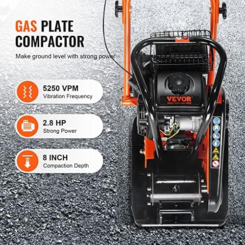 VEVOR Plate Compactor,2.8HP 78.5cc Gas Engine, 5600VPM Force Vibratory Compaction Tamper,1920LBS Compactor with 18.7 x 11.8 in Plate for Walkways,Patios,Asphalts,Paver Landscaping,EPA Compliant - Image 2