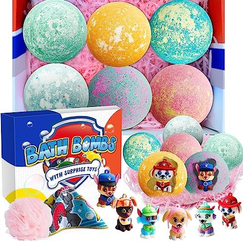 Bath Bombs for Kids with Surprise Inside: Supbec XXL Organic Bath Bombs Gift Set Rich in Natural Essential Oils, Paw Dog Bath Bombs for Dry Skin Moisturize, Gifts for Kids Boys Girls (6 Pcs, 5 OZ)