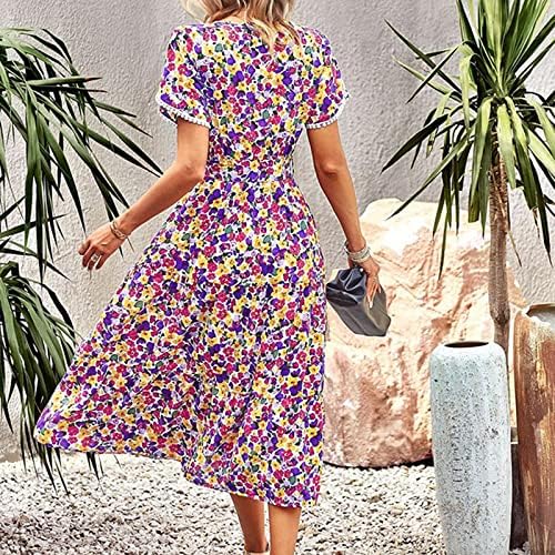 HUMMHUANJ Summer Dresses 2023,Women's Solid Color Dress Casual Printed Short Sleeve Ruffle Waist Long Dress Boho Swing Dress - Image 5