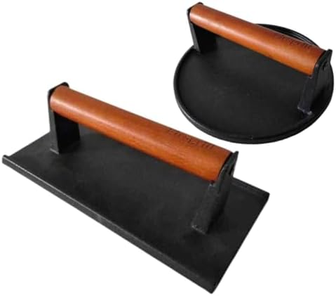 Firsgrill Burger Press 7.08" Round & 8.3‘’X4.3”Rectangle Heavy-Duty Cast Iron Smash Meat Steak With Wood Handle for Blackstone Camp chef Pitboss Weber Treager Griddle Grills (Round & Rectangle)