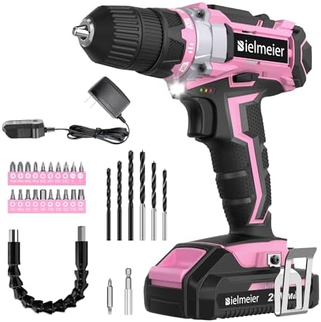 Bielmeier 20V Pink Cordless Drill Set, Power drill kit with Lithium-Ion and charger,3/8 inches Keyless Chuck, Electric Drill with Variable Speed, LED and 29pcs Drill,for Home DIY and Repair