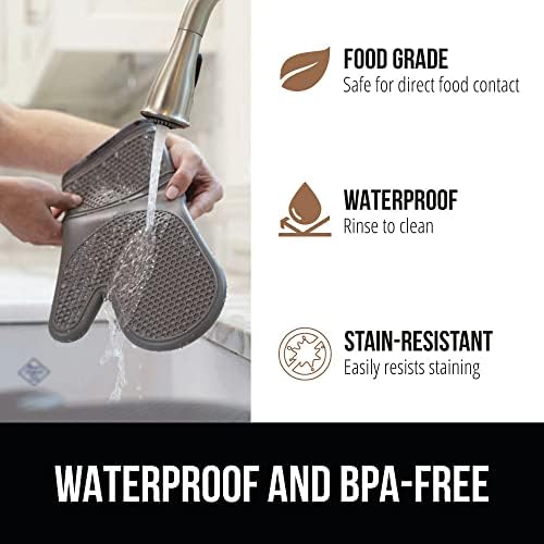 Gorilla Grip Heat and Slip Resistant Silicone Oven Mitt and Trivets Set, Waterproof, Cotton Lined Gloves, BPA-Free, Long Cooking Mitts and Trivet Mats, Kitchen Potholder Sets for Pans, 4 Pieces, Gray - Image 6