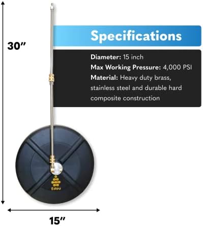 EDOU Direct Pressure Washer Surface Cleaner 15" | Composite, Heavy Duty Electric Power Washer | 4,000 PSI Max Working Pressure Machine | Includes: 2 Pressure Washer Extension Wand Attachments - Image 3