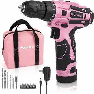 WORKPRO Pink Cordless Drill Driver Set, 12V Electric Screwdriver Driver Tool Kit, 3/8" Keyless Chuck, Charger and Storage Bag Included - Pink Ribbon