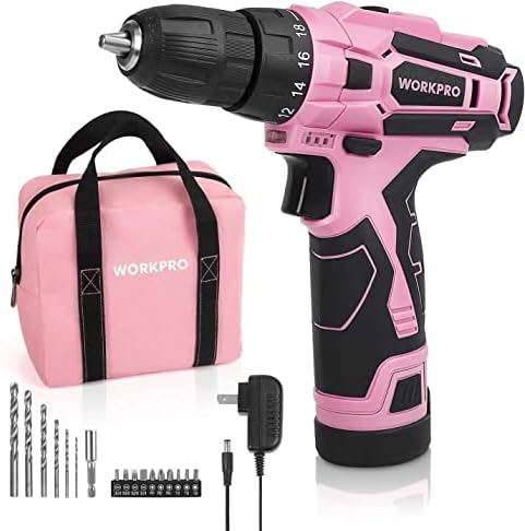 WORKPRO Pink Cordless Drill Driver Set, 12V Electric Screwdriver Driver Tool Kit, 3/8" Keyless Chuck, Charger and Storage Bag Included - Pink Ribbon