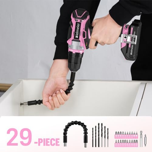 Bielmeier 20V Pink Cordless Drill Set, Power drill kit with Lithium-Ion and charger,3/8 inches Keyless Chuck, Electric Drill with Variable Speed, LED and 29pcs Drill,for Home DIY and Repair - Image 2