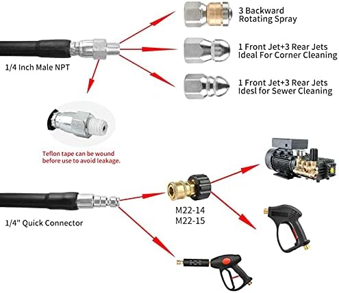 Sooprinse High Pressure Washer Sewer Jetter Kit, Button Nozzle and Rotating Sewer Jetting Nozzle, Pressure Washer Sewer Washer Kit, 50FT Drain Cleaning Hose, 3000 PSI - Image 3