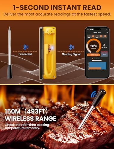 Wireless Meat Thermometer with 493FT Long Wireless Range, Instant Read Digital Food Thermometer, Smart APP Control, Charging Dock, Kitchen Thermometer for Roast, Oven, Grill, BBQ, Smoker, Rotisserie - Image 2