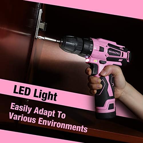 WORKPRO 12V Pink Cordless Drill Driver and Home Tool Kit, Hand Tool Set for DIY, Home Maintenance, 14-inch Storage Bag Included - Pink Ribbon - Image 7
