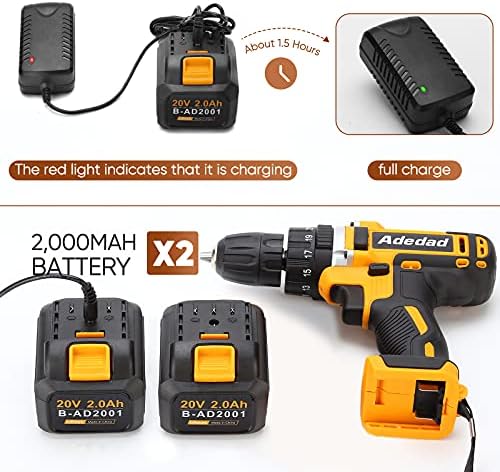 Adedad 20V Cordless Drill Set Electric Power Drill Kit with 2 Batteries and Charger,300 in-lbs Torque, 3/8 Inch Keyless Chuck, 23+1 Position,2 Variable Speed, LED Light and 48pcs Accessories - Image 4