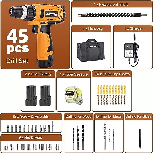 Adedad 12V Cordless Drill Set Electric Power Drill with 2 Batteries and Charger, 3/8 Inch Keyless Chuck, 300 In-lbs Torque, 21+1 Position, 2 Variable Speed, LED Light and 43pcs Accessories - Image 2