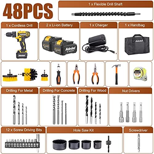Adedad 20V Cordless Drill Set Electric Power Drill Kit with 2 Batteries and Charger,300 in-lbs Torque, 3/8 Inch Keyless Chuck, 23+1 Position,2 Variable Speed, LED Light and 48pcs Accessories - Image 2