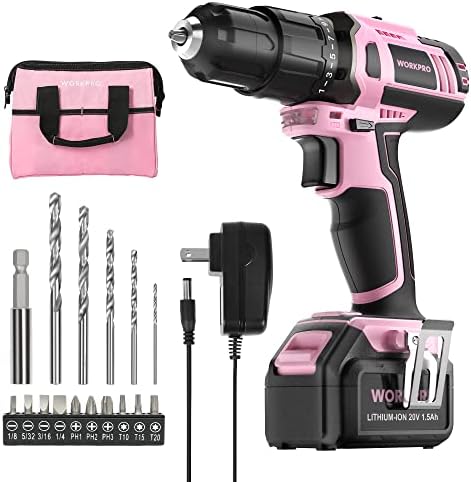 WORKPRO Pink Cordless 20V Lithium-ion Drill Driver Set, 1 Battery, Charger and Storage Bag Included - Pink Ribbon