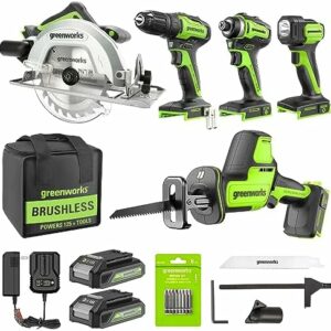 Greenworks 24V 5pcs Brushless Power Tool Combo kit: 310 in. -lbs Drill Driver, 1950 In. Ibs Impact Driver, Reciprocating Saw, Circular Saw, Flashlight With 2 * 2Ah Batteries & Fast Charger