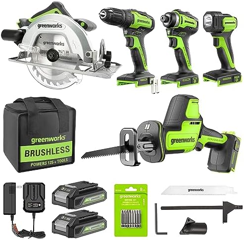 Greenworks 24V 5pcs Brushless Power Tool Combo kit: 310 in. -lbs Drill Driver, 1950 In. Ibs Impact Driver, Reciprocating Saw, Circular Saw, Flashlight With 2 * 2Ah Batteries & Fast Charger