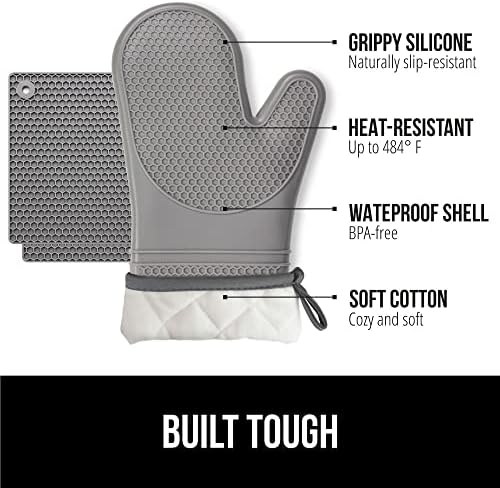 Gorilla Grip Heat and Slip Resistant Silicone Oven Mitt and Trivets Set, Waterproof, Cotton Lined Gloves, BPA-Free, Long Cooking Mitts and Trivet Mats, Kitchen Potholder Sets for Pans, 4 Pieces, Gray - Image 2