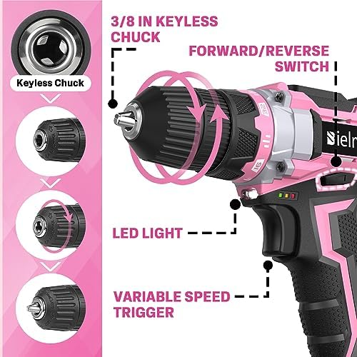 Bielmeier 20V Pink Cordless Drill Set, Power drill kit with Lithium-Ion and charger,3/8 inches Keyless Chuck, Electric Drill with Variable Speed, LED and 29pcs Drill,for Home DIY and Repair - Image 4