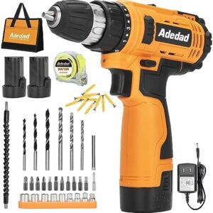 Adedad 12V Cordless Drill Set Electric Power Drill with 2 Batteries and Charger, 3/8 Inch Keyless Chuck, 300 In-lbs Torque, 21+1 Position, 2 Variable Speed, LED Light and 43pcs Accessories