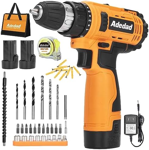 Adedad 12V Cordless Drill Set Electric Power Drill with 2 Batteries and Charger, 3/8 Inch Keyless Chuck, 300 In-lbs Torque, 21+1 Position, 2 Variable Speed, LED Light and 43pcs Accessories