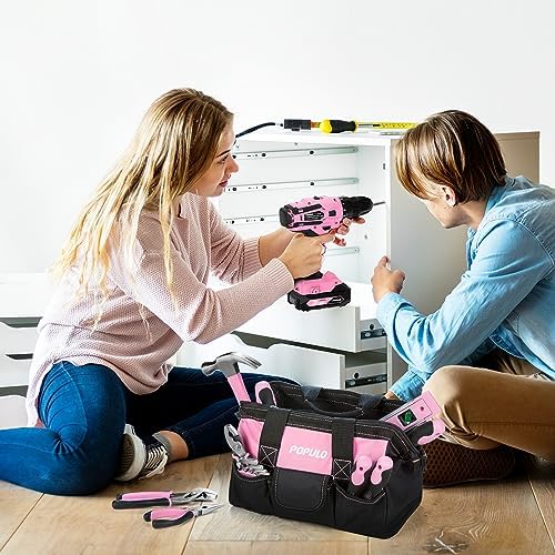 POPULO Pink Tool Kit 236-Piece with Cordless 20V 2000mAh Power Drill Driver, Lady's Basic Home Tool Set with 12-Inch Pink Tool Bag, Electric Drill Sets Combo Kit for Women, House, DIY - Image 6